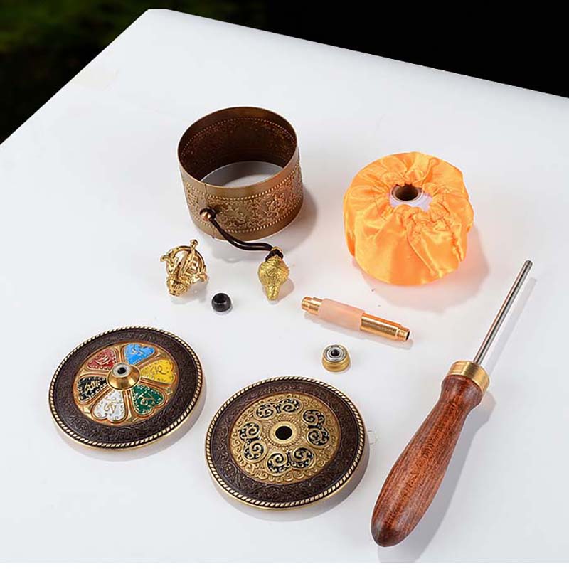 Eight Auspicious Mantra and Six Words Scriptures Wooden Hand Cranking Prayer Wheel 25cm