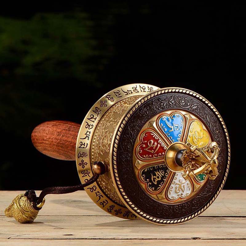 Eight Auspicious Mantra and Six Words Scriptures Wooden Hand Cranking Prayer Wheel 25cm