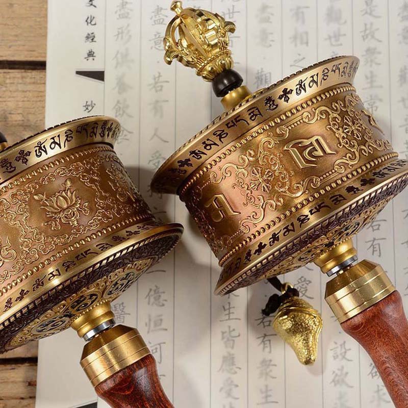 Eight Auspicious Mantra and Six Words Scriptures Wooden Hand Cranking Prayer Wheel 25cm