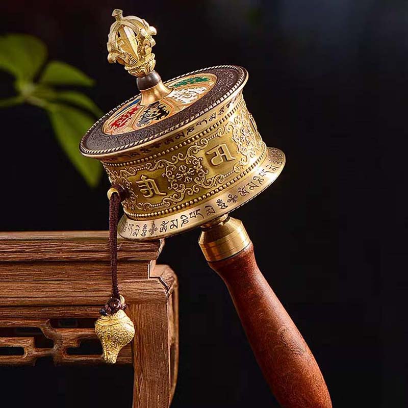 Eight Auspicious Mantra and Six Words Scriptures Wooden Hand Cranking Prayer Wheel 25cm