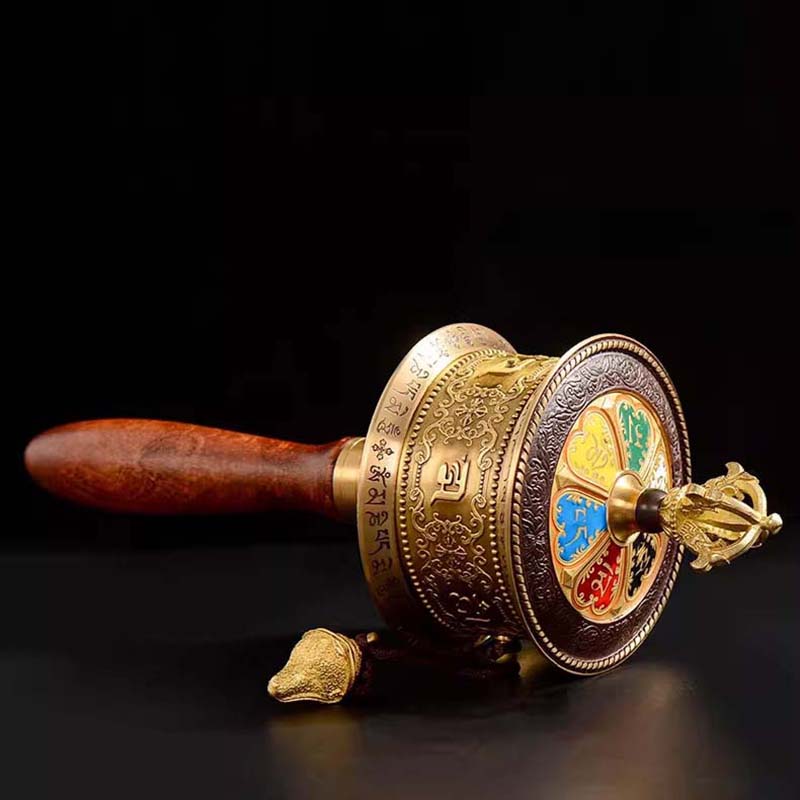 Eight Auspicious Mantra and Six Words Scriptures Wooden Hand Cranking Prayer Wheel 25cm