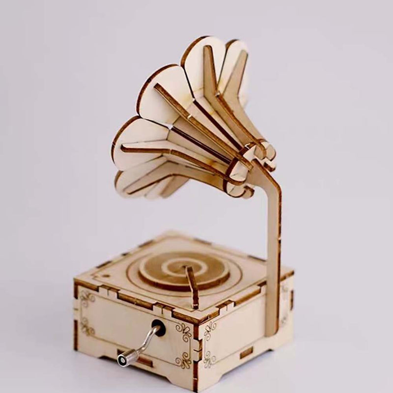 Hand Crank Mechanical Retro Phonograph Model Music Box Wooden Puzzle DIY Assembled Toy - Toysoff.com