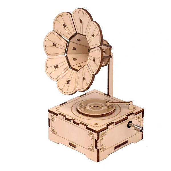 Hand Crank Mechanical Retro Phonograph Model Music Box Wooden Puzzle DIY Assembled Toy - Toysoff.com