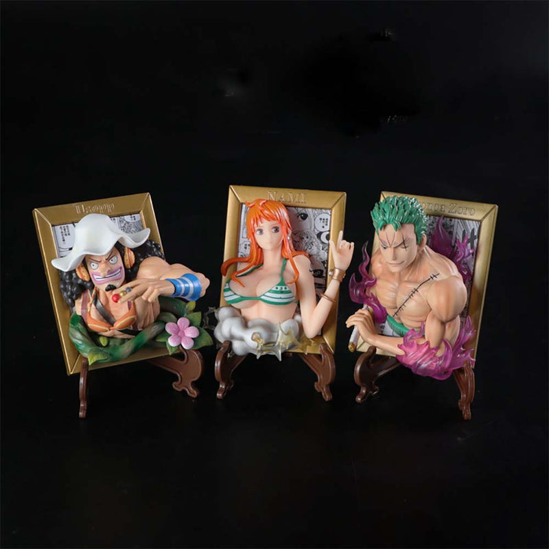 One Piece Roronoa Zoro Nami Usopp Action Figure Model Photo Frame 12cm