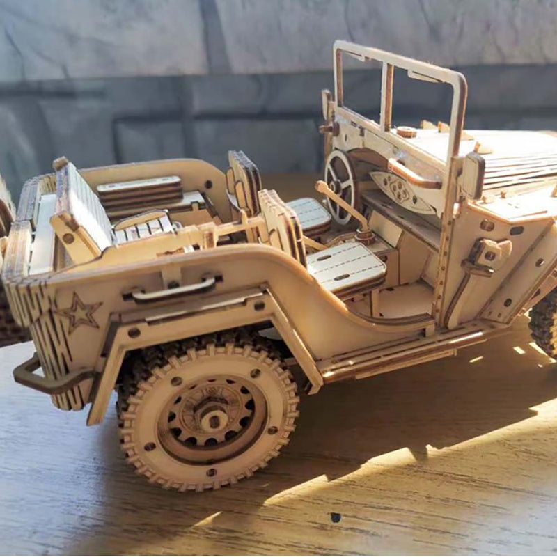 Retro DIY Movable 3D Army Jeep Car Model Wooden Puzzle Game Assembly Toy - Toysoff.com