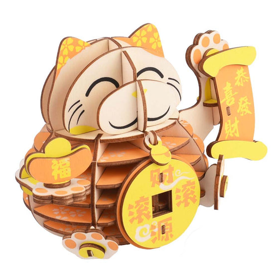 Wooden Puzzle Lucky Cat Animal 3D Model DIY Assembly Toy - Toysoff.com