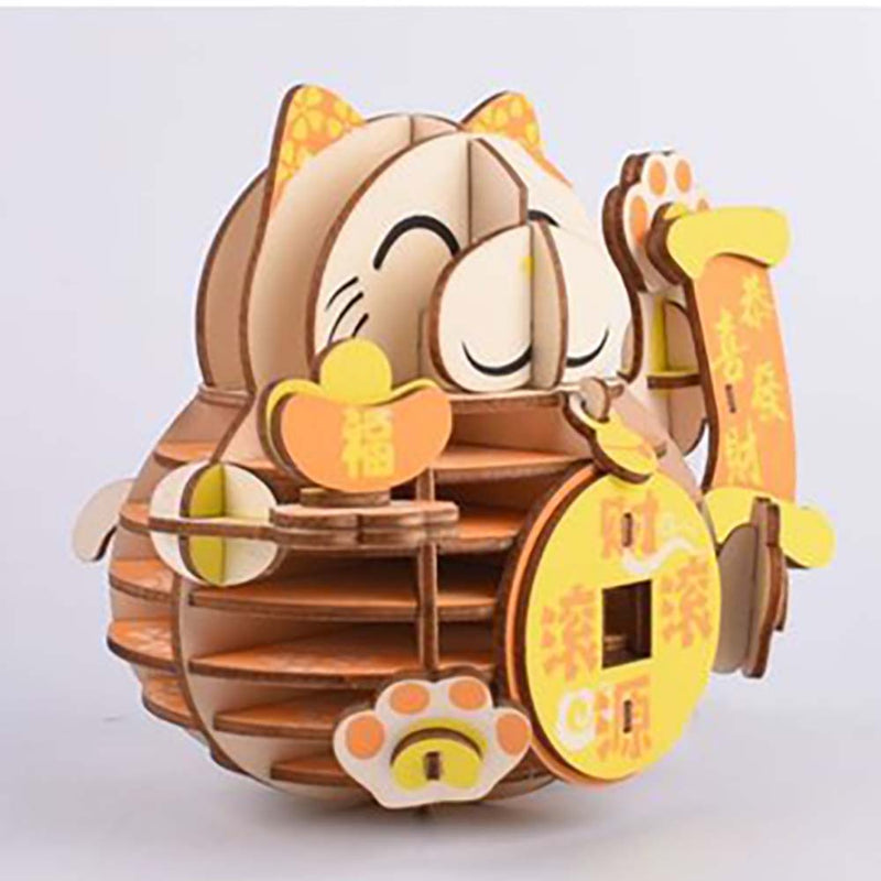 Wooden Puzzle Lucky Cat Animal 3D Model DIY Assembly Toy - Toysoff.com