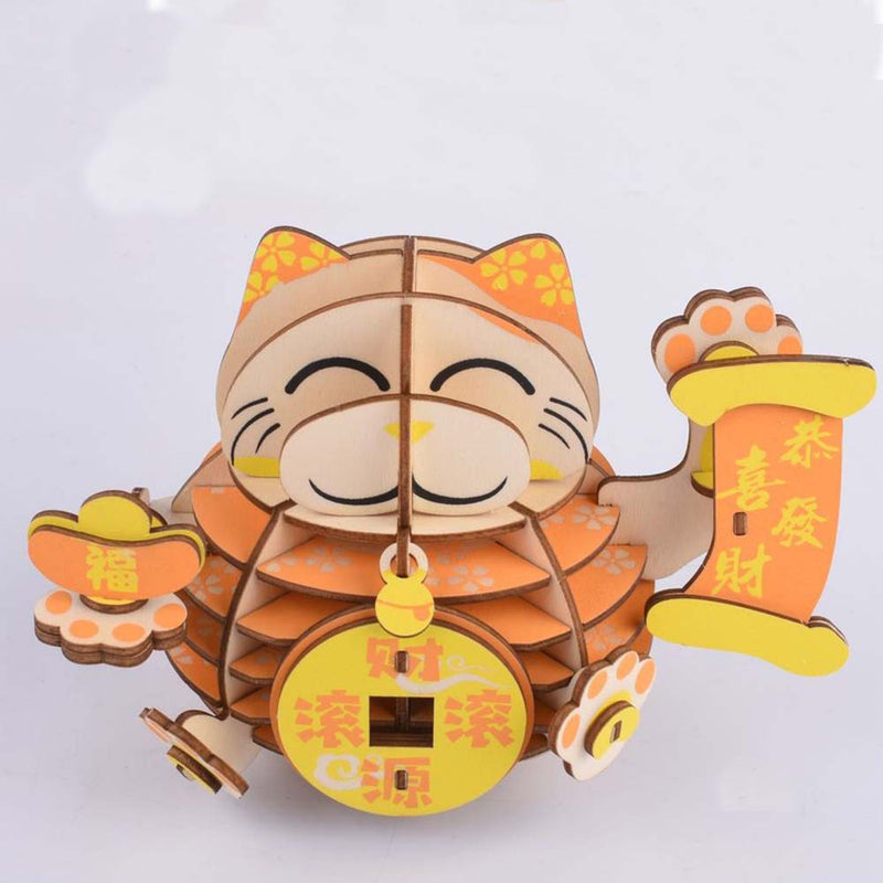 Wooden Puzzle Lucky Cat Animal 3D Model DIY Assembly Toy - Toysoff.com