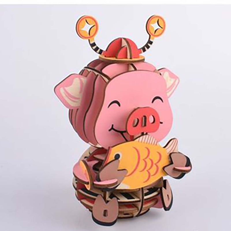 Wooden Puzzle Lucky Pig Animal 3D Model DIY Assembly Toy - Toysoff.com